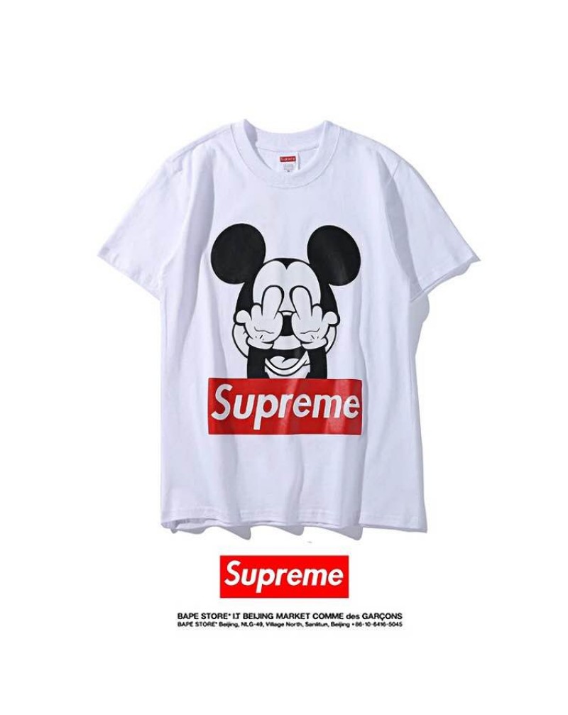 SUPREME tシャツ半袖 カジュアルティシャツ可愛いミッキー付き トップスペアお揃いコットン製