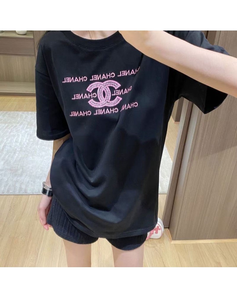 シャネル tシャツオシャレ小香風カジュアル女性人気ティシャツ短袖ブラックホワイト