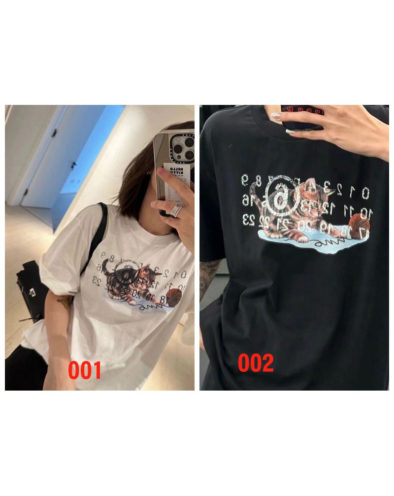 マジェラン Tシャツ半袖コットン製可愛い猫プリント付き潮流個性ティシャツ