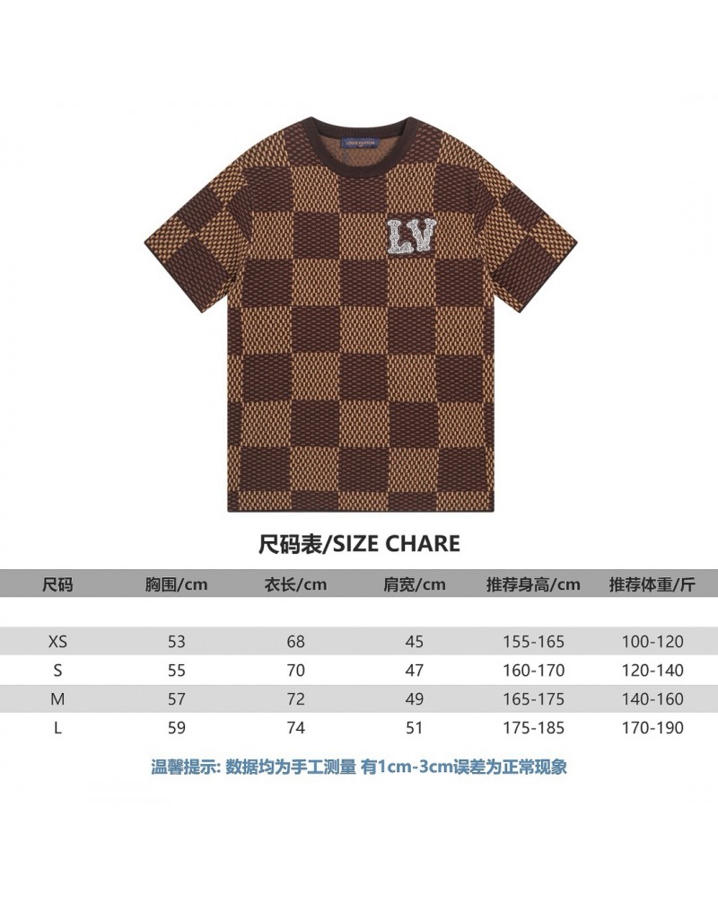 ルイヴィトン tシャツ  お洒落ダミエプリント立体刺繍ロゴ 短袖潮流ファッションティシャツ