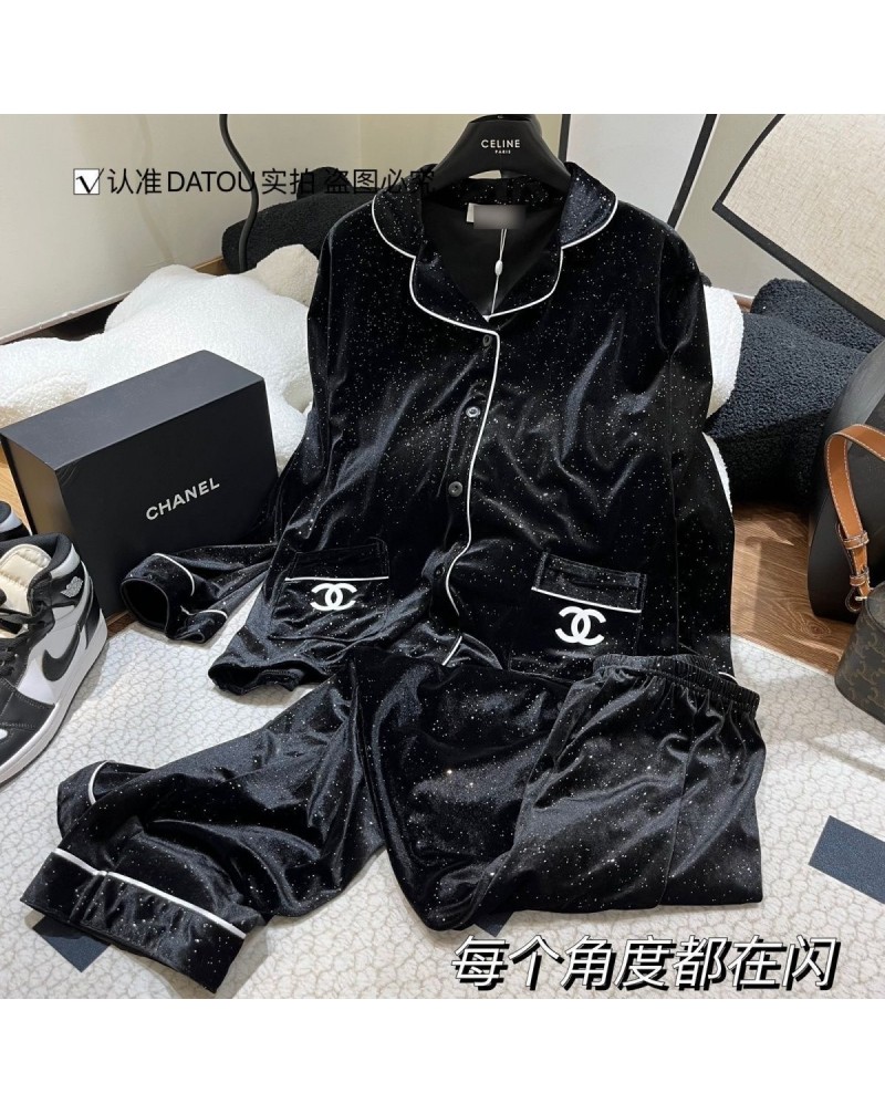 シャネル ルームウェアオシャレ小香風パジャマセットキラキラクリスタルベルベットソフト