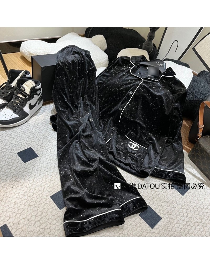 シャネル ルームウェアオシャレ小香風パジャマセットキラキラクリスタルベルベットソフト