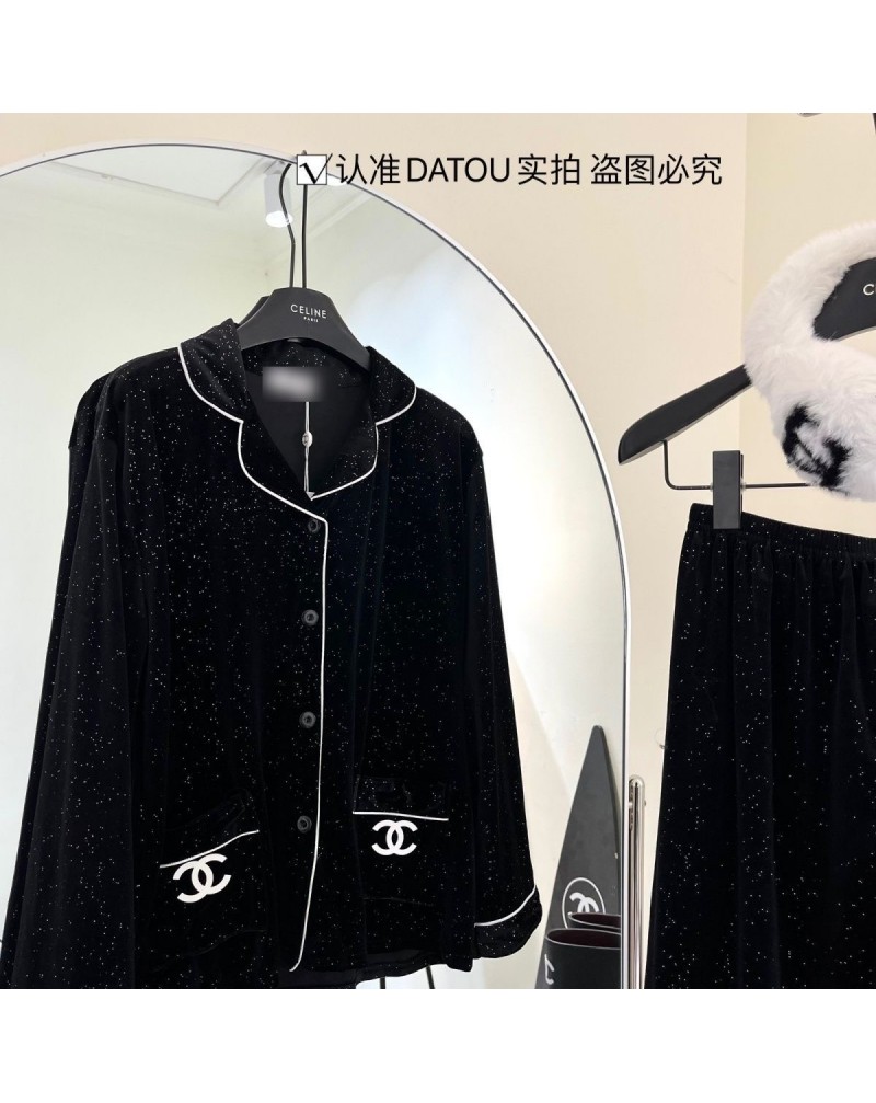 シャネル ルームウェアオシャレ小香風パジャマセットキラキラクリスタルベルベットソフト