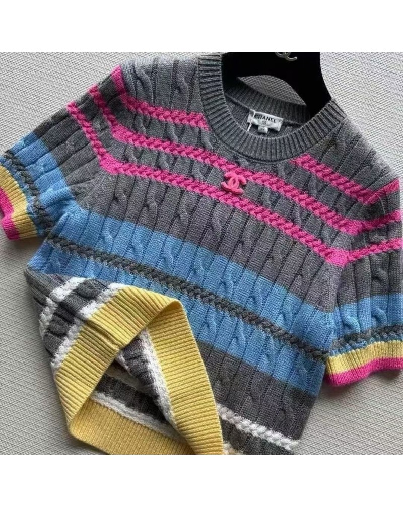 シャネル ニットトップス混色ストライプ洋服スタイリッシュニット半袖女性