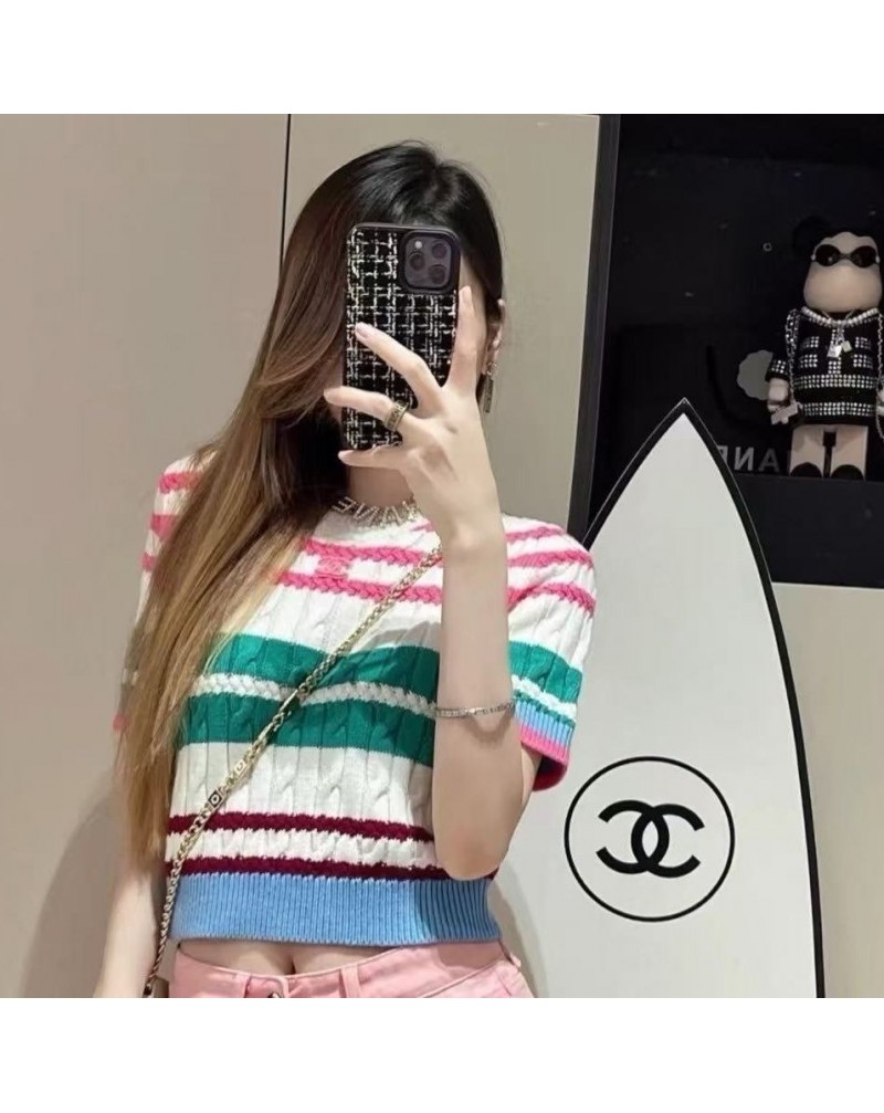 シャネル ニットトップス混色ストライプ洋服スタイリッシュニット半袖女性