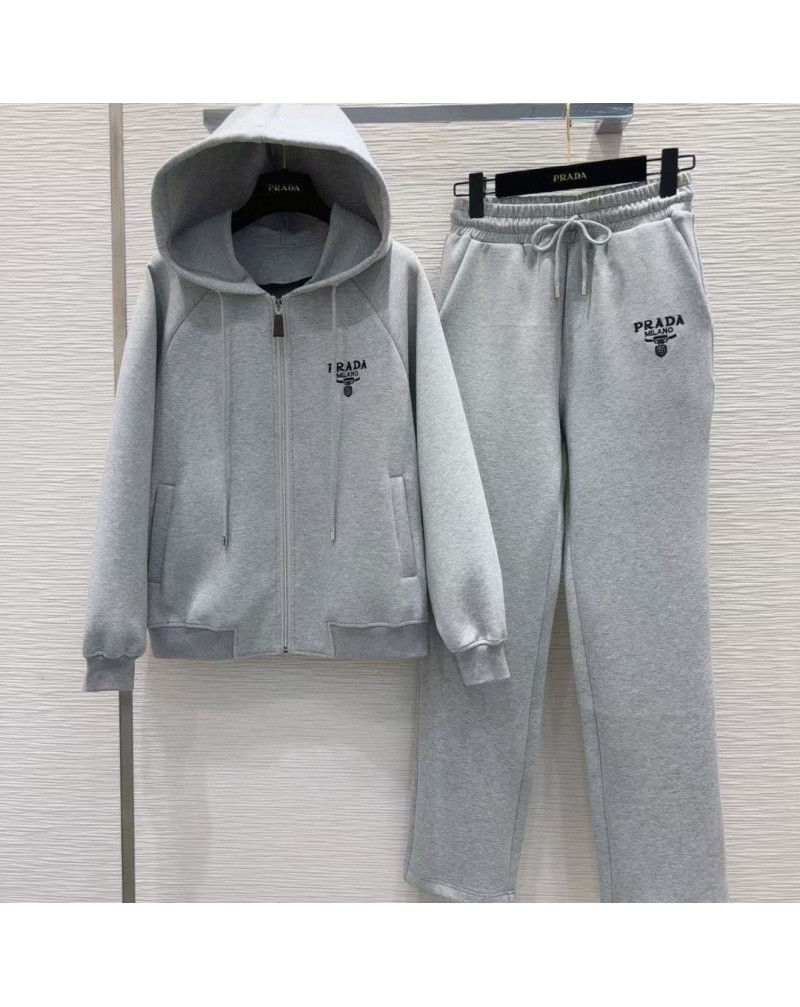 プラダ アップセットフード付きオシャレシンプルスウェットコートパンツ上下セット女性