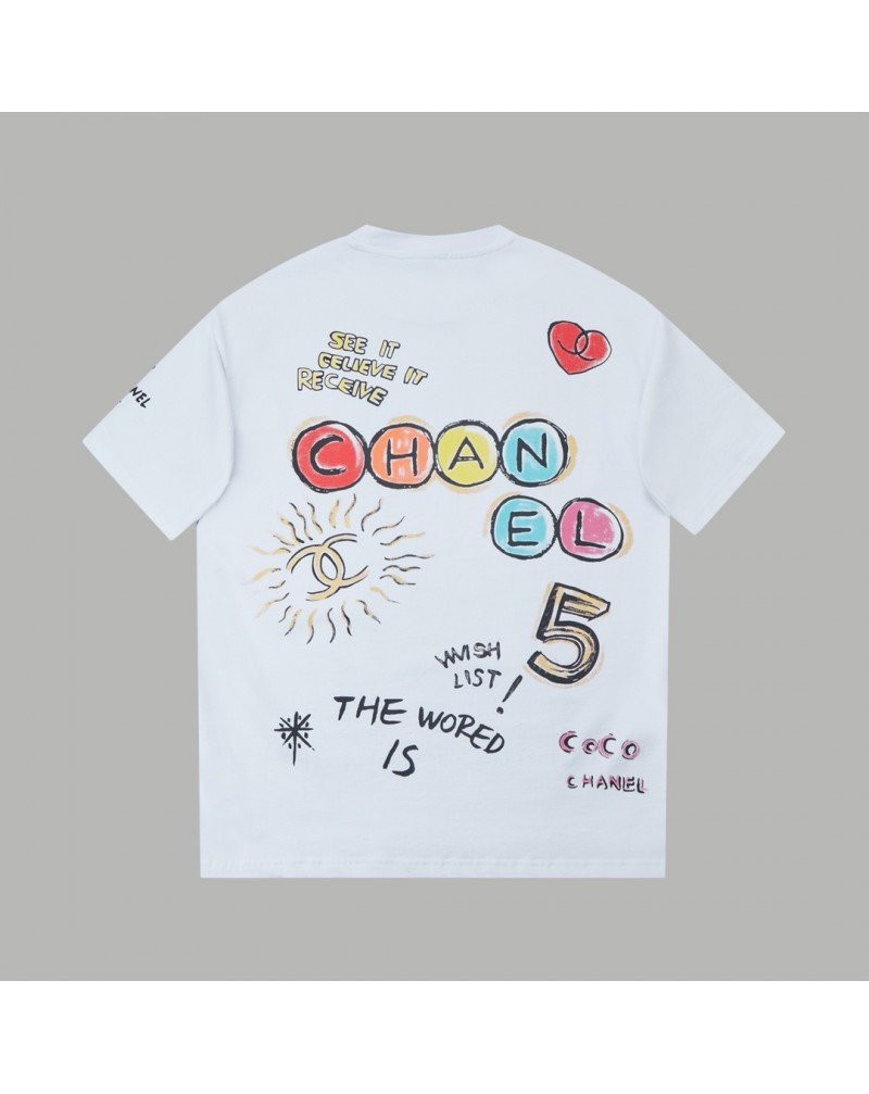 シャネル Tシャツ半袖個性潮流落書きプリント人気ブランドティシャツコットン新作短袖メンズレディース兼用