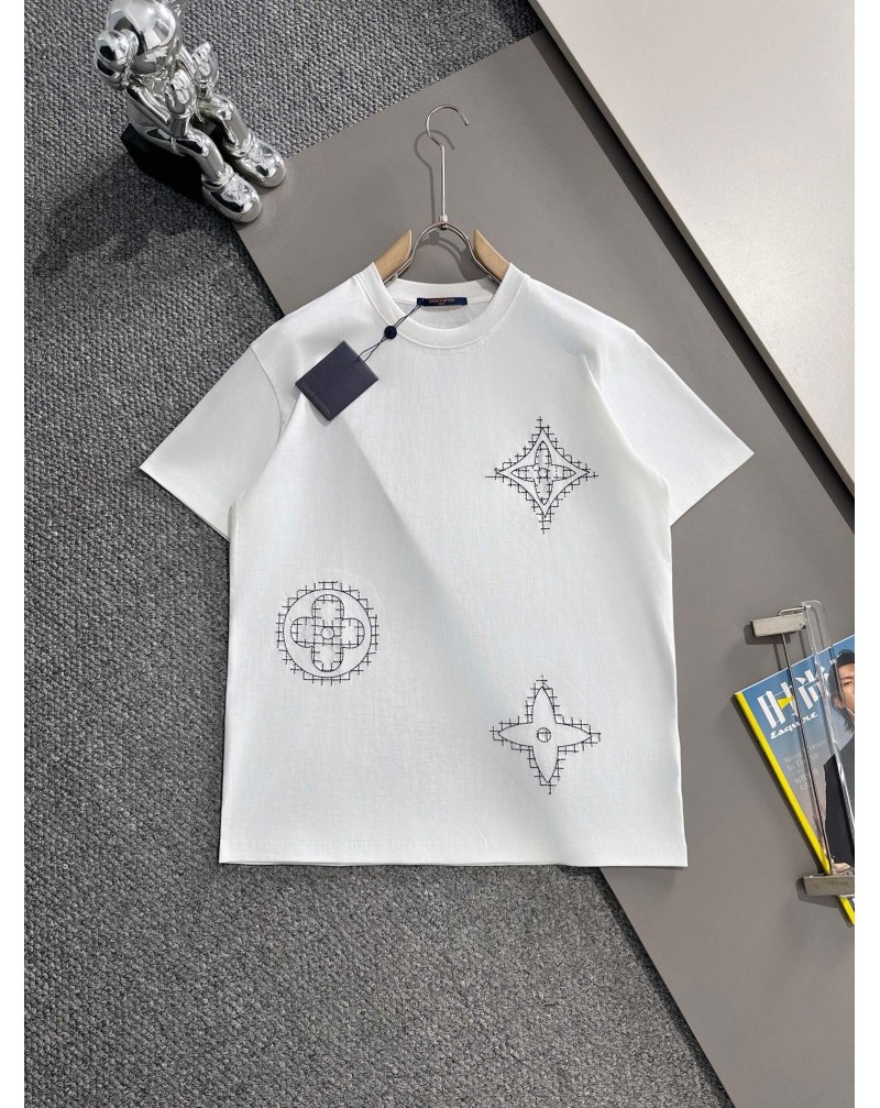 ルイヴィトン tシャツオシャレ刺繍モノグラム付きTシャツ半袖コットン男女兼用高品質てシャツ短袖