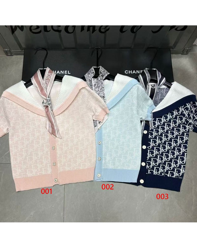 ディオール ニット半袖人気新作オシャレ洋服ソフトTシャツ夏服リボン付き