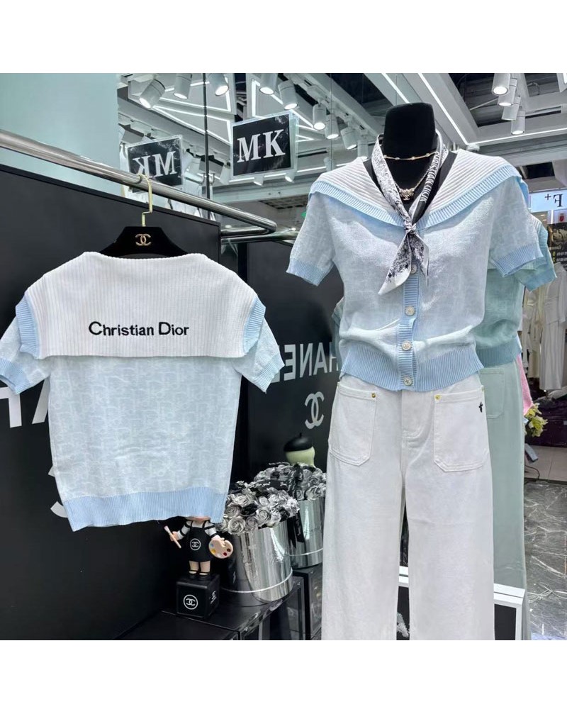 ディオール ニット半袖人気新作オシャレ洋服ソフトTシャツ夏服リボン付き