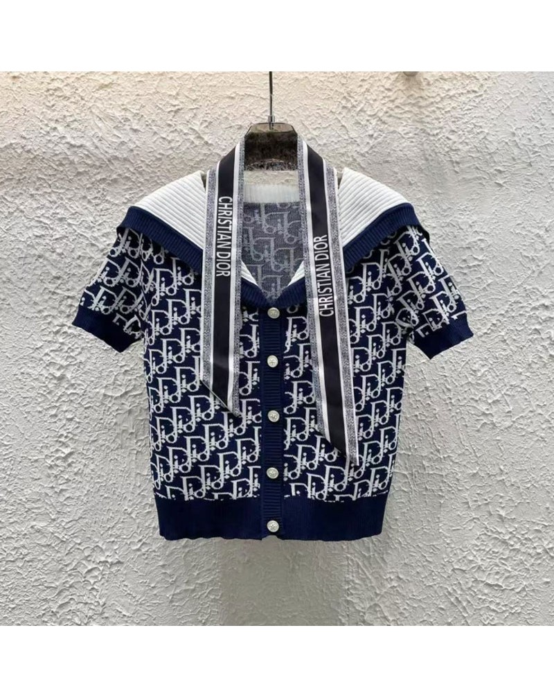 ディオール ニット半袖人気新作オシャレ洋服ソフトTシャツ夏服リボン付き