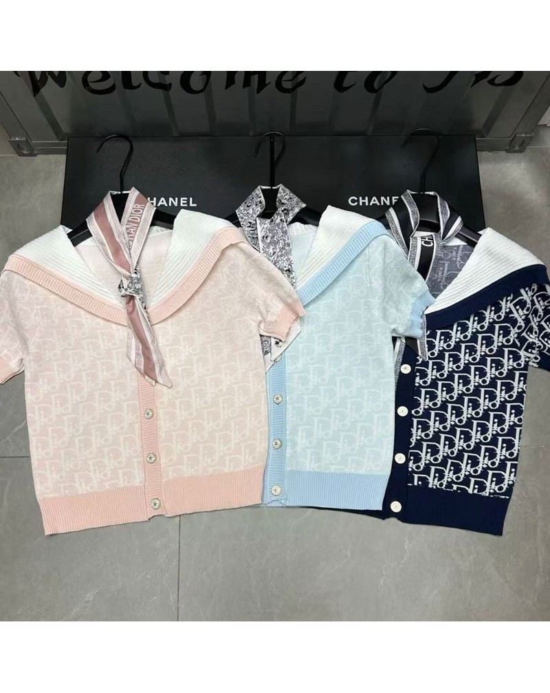 ディオール ニット半袖人気新作オシャレ洋服ソフトTシャツ夏服リボン付き