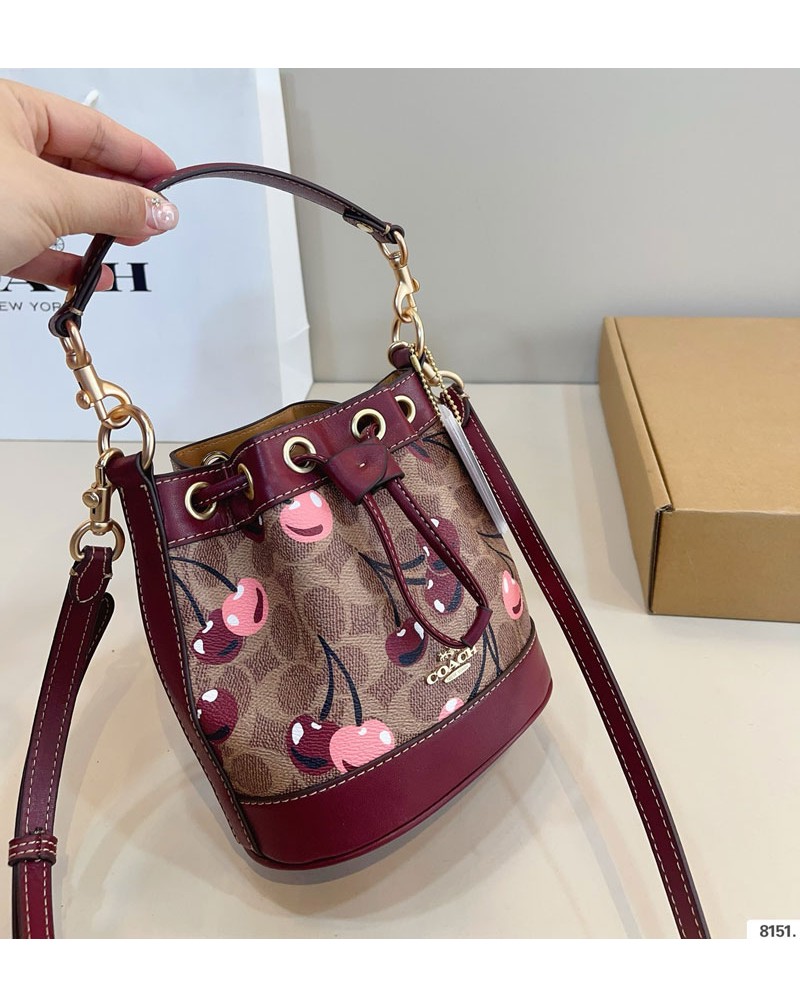 コーチ ミニショルダーバッグ巾着かわいいオシャレプリント付き女性用カバン
