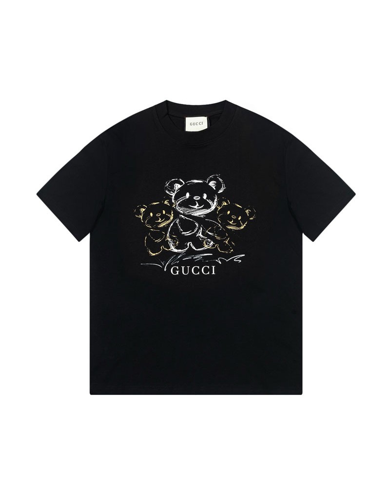 グッチ Tシャツペアお揃い短袖カジュアル人気ティシャツコットンカワイイ熊落書きプリント付き