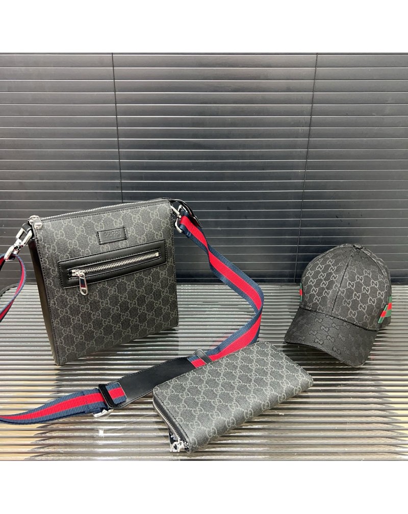 グッチ ショルダーバツグ小銭入れ3点セットメンズ向け/ショルダーバッグ財布帽子3点セット