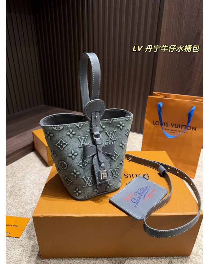 ルイヴィトン ミニバケツバッグデニム製浮き彫りモノグラムおしゃれ人気ファッションハンドバッグ