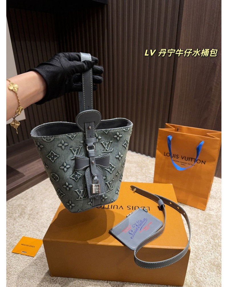 ルイヴィトン ミニバケツバッグデニム製浮き彫りモノグラムおしゃれ人気ファッションハンドバッグ