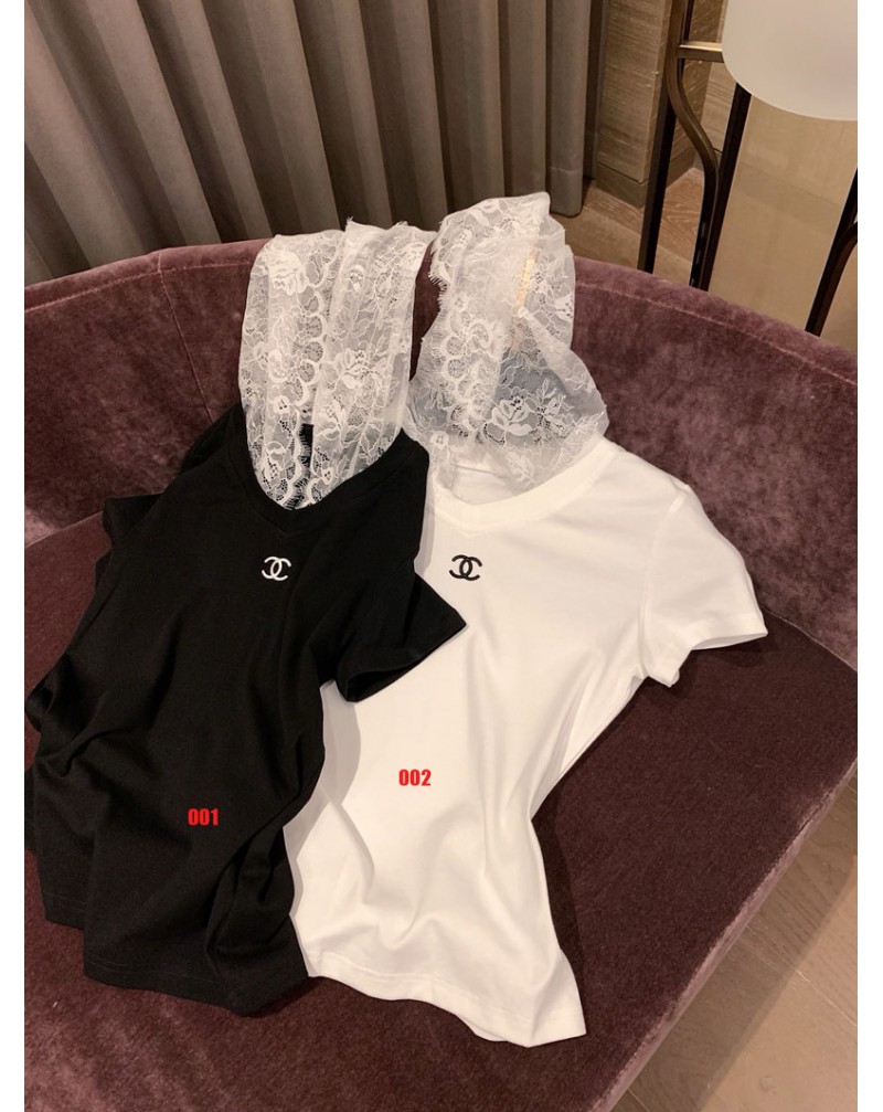 シャネル Tシャツおしゃれ小香風短袖女性向け人気シンプルTシャツトップスレース帽子飾り付き