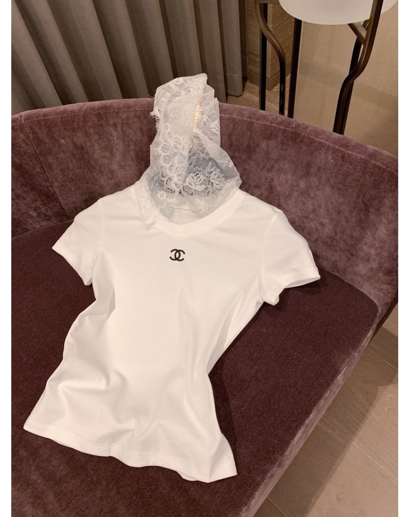シャネル Tシャツおしゃれ小香風短袖女性向け人気シンプルTシャツトップスレース帽子飾り付き