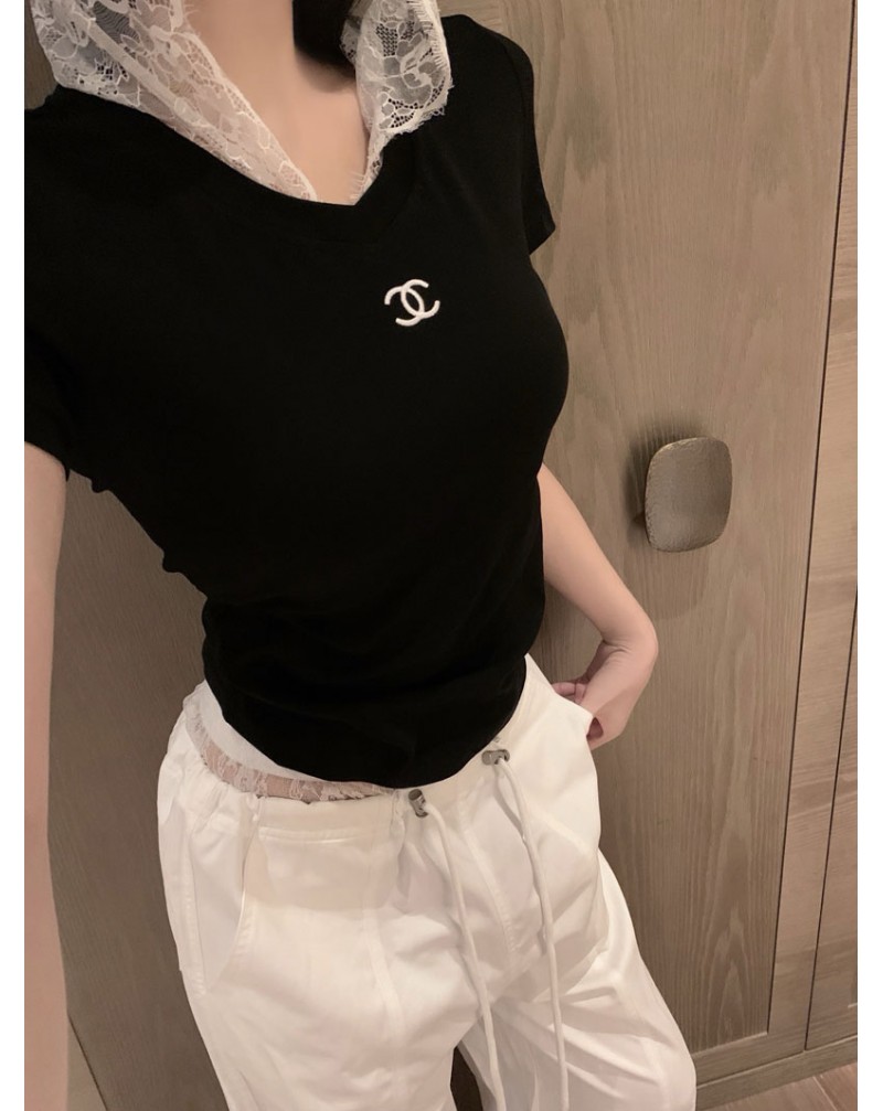 シャネル Tシャツおしゃれ小香風短袖女性向け人気シンプルTシャツトップスレース帽子飾り付き