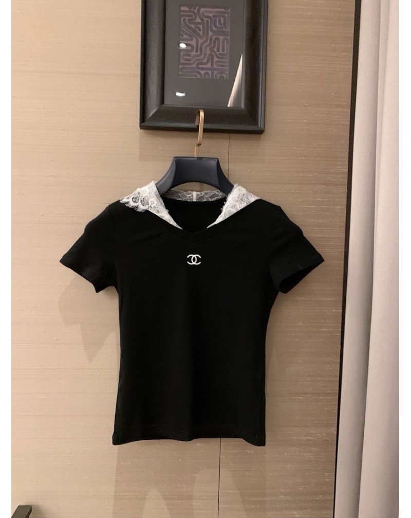シャネル Tシャツおしゃれ小香風短袖女性向け人気シンプルTシャツトップスレース帽子飾り付き