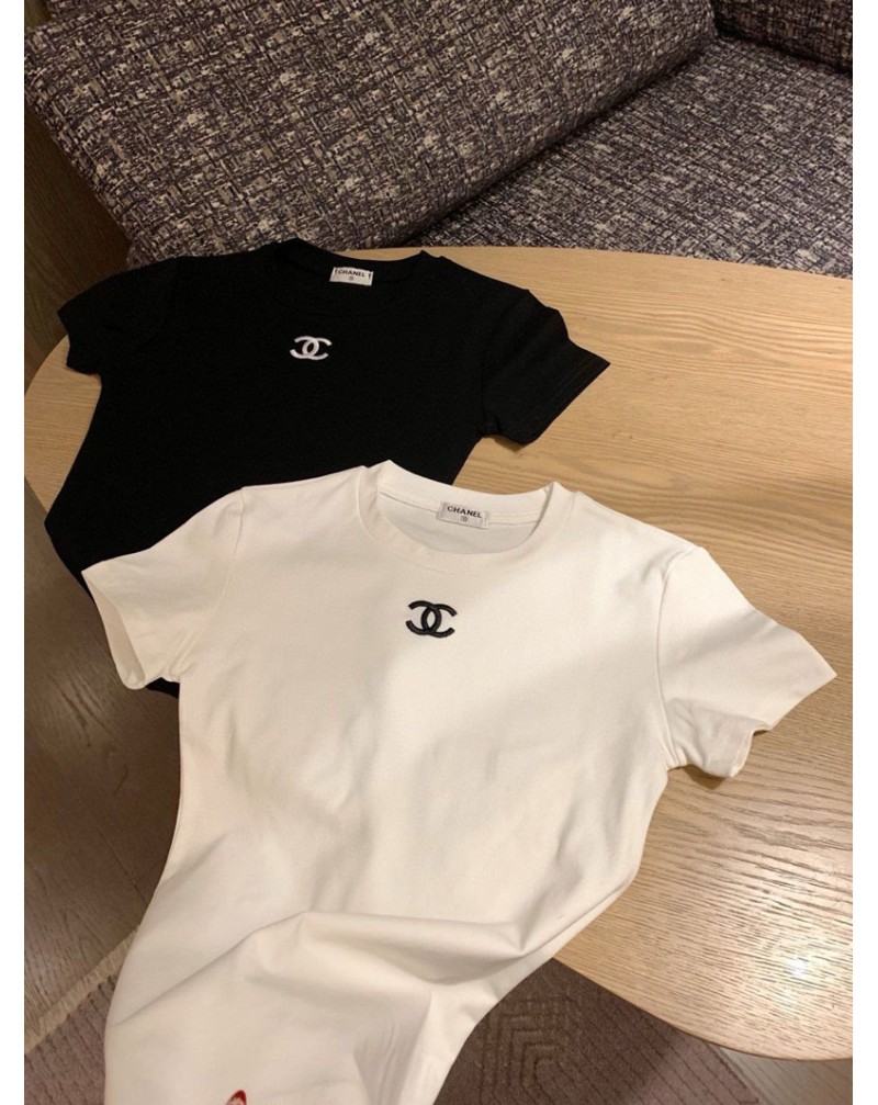 シャネル Tシャツオシャレ小香風短袖シンプル黒白ティシャツトップス女性ウェア半袖