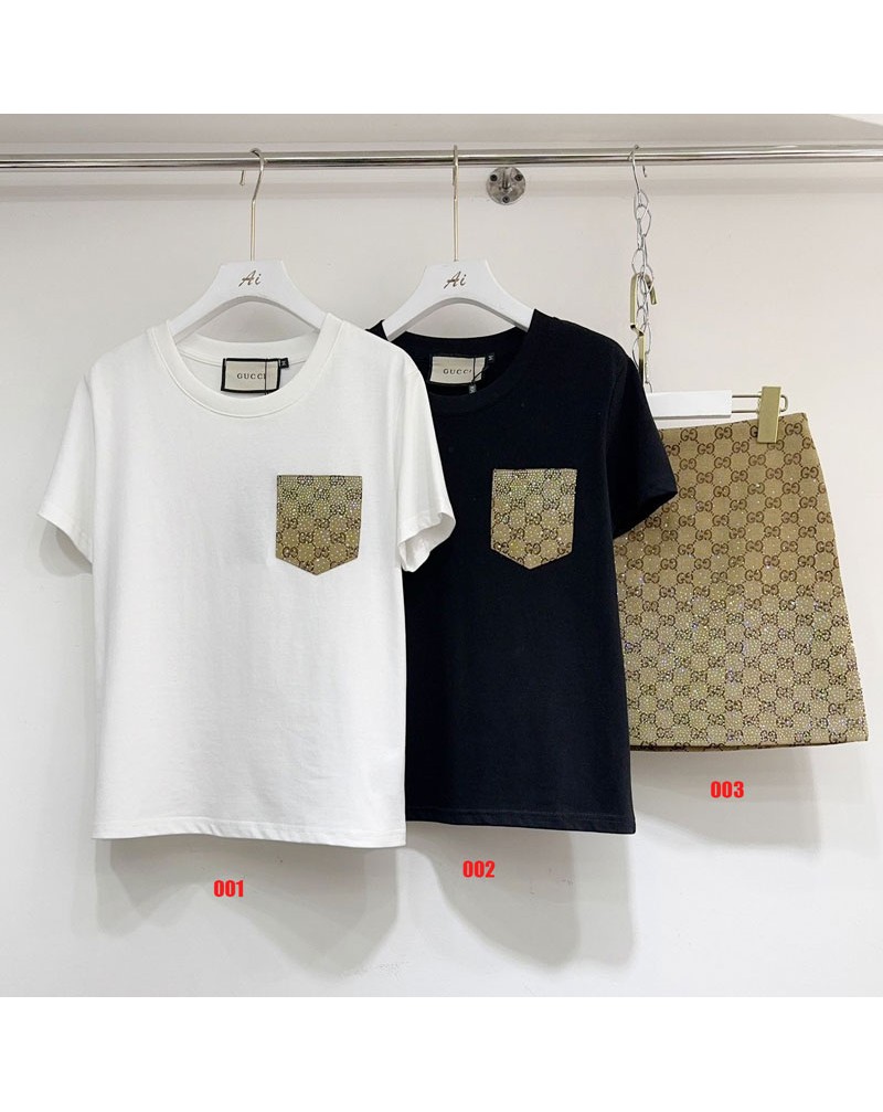 グッチ Tシャツ半袖スカートキラキラダイヤ付きカジュアルファッション上下セットオシャレ