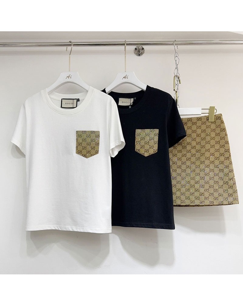 グッチ Tシャツ半袖スカートキラキラダイヤ付きカジュアルファッション上下セットオシャレ