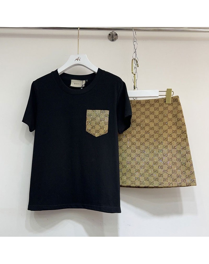 グッチ Tシャツ半袖スカートキラキラダイヤ付きカジュアルファッション上下セットオシャレ