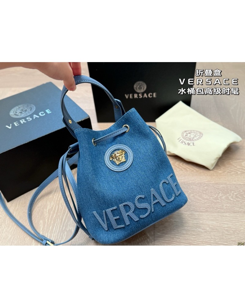 ヴェルサーチ バケツバッグ巾着ハンドバッグ可愛いおしゃれカバンデニム立体ロゴ