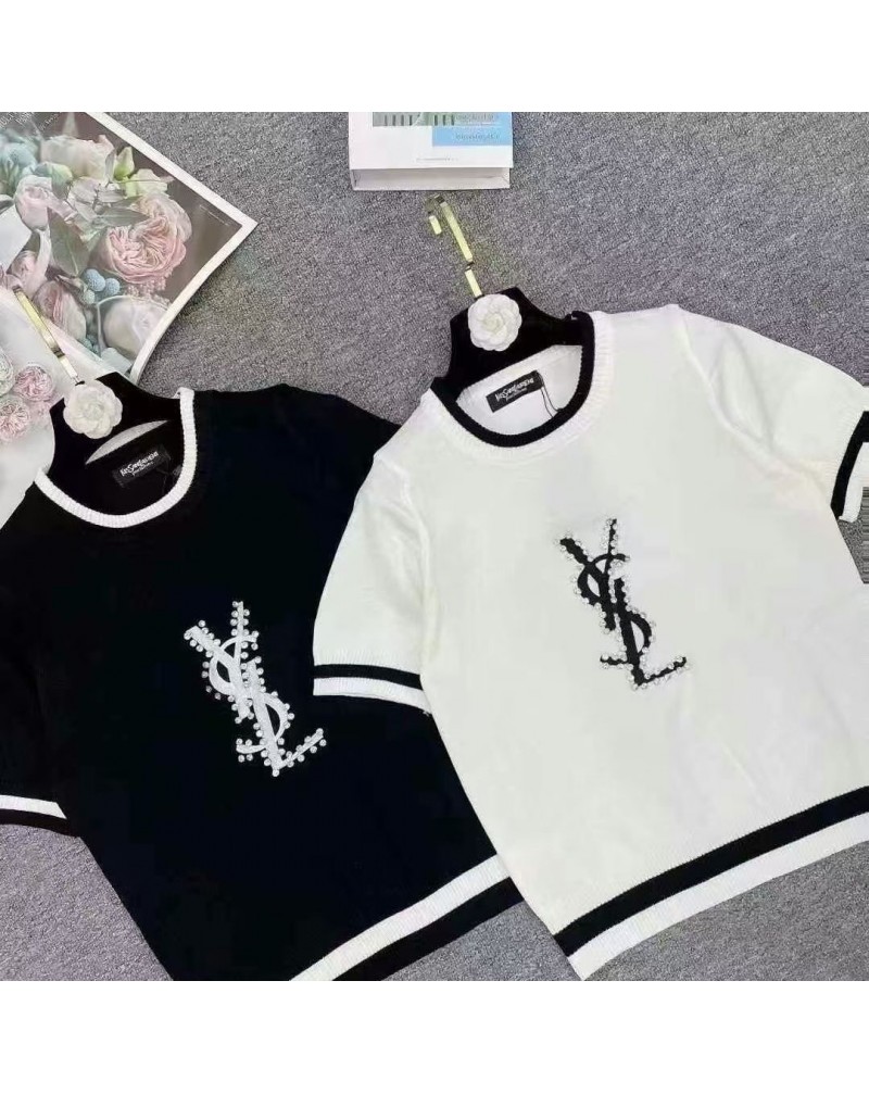 サンローラン ニットTシャツ短袖キラキラダイヤロご半袖スタイリッシュオシャレ