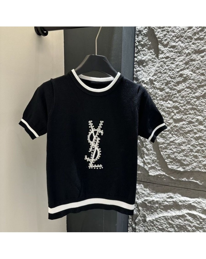 サンローラン ニットTシャツ短袖キラキラダイヤロご半袖スタイリッシュオシャレ