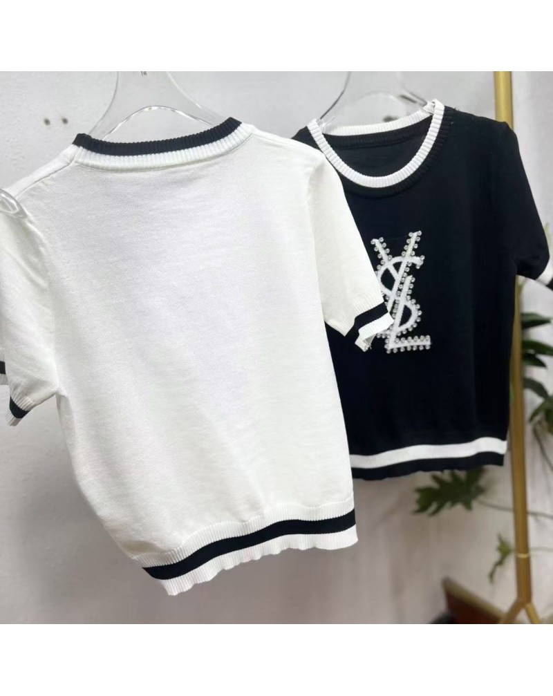 サンローラン ニットTシャツ短袖キラキラダイヤロご半袖スタイリッシュオシャレ