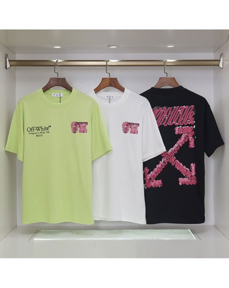 オーフホワイト tシャツ半袖男女向け潮流ブランドティシャツ個性ロゴプリント付きカジュアル