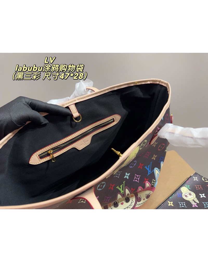 ルイヴィトン ショピングバッグかわいいLABUBUプリント付き流行人気オシャレショルダーバッグポケット付き