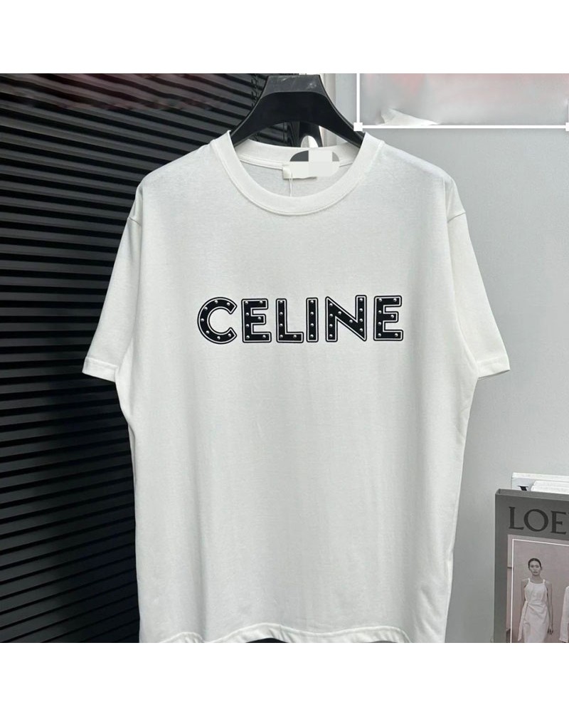 セリーヌ tシャツ半袖男女向け人気オシャレ半袖リベットロゴ付きトップス