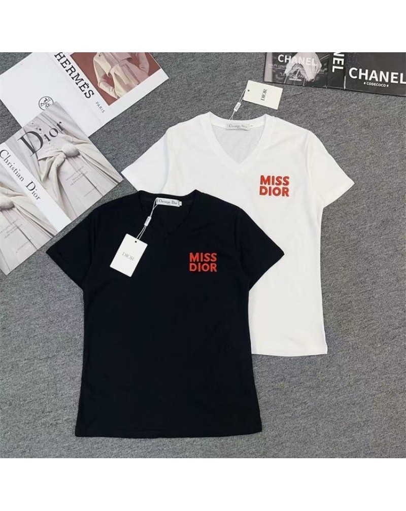 ディオール tシャツコットン製Vネックティシャツ半袖女性向け