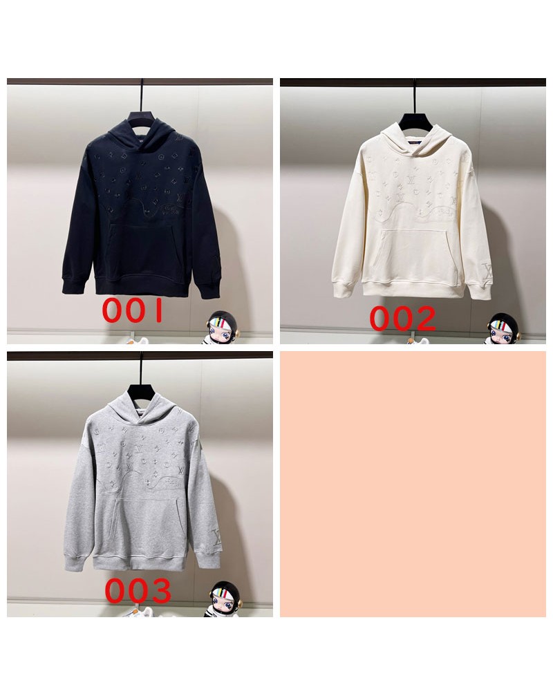 ルイヴィトン パーカーフード付きカジュアル精緻刺繍ロゴ高品質スウェットトップス黒グレーベージュ3色お揃い ルイヴィトン パーカーフード付きカジュアル精緻刺繍ロゴ高品質スウェットトップス黒グレーベージュ3色お揃い