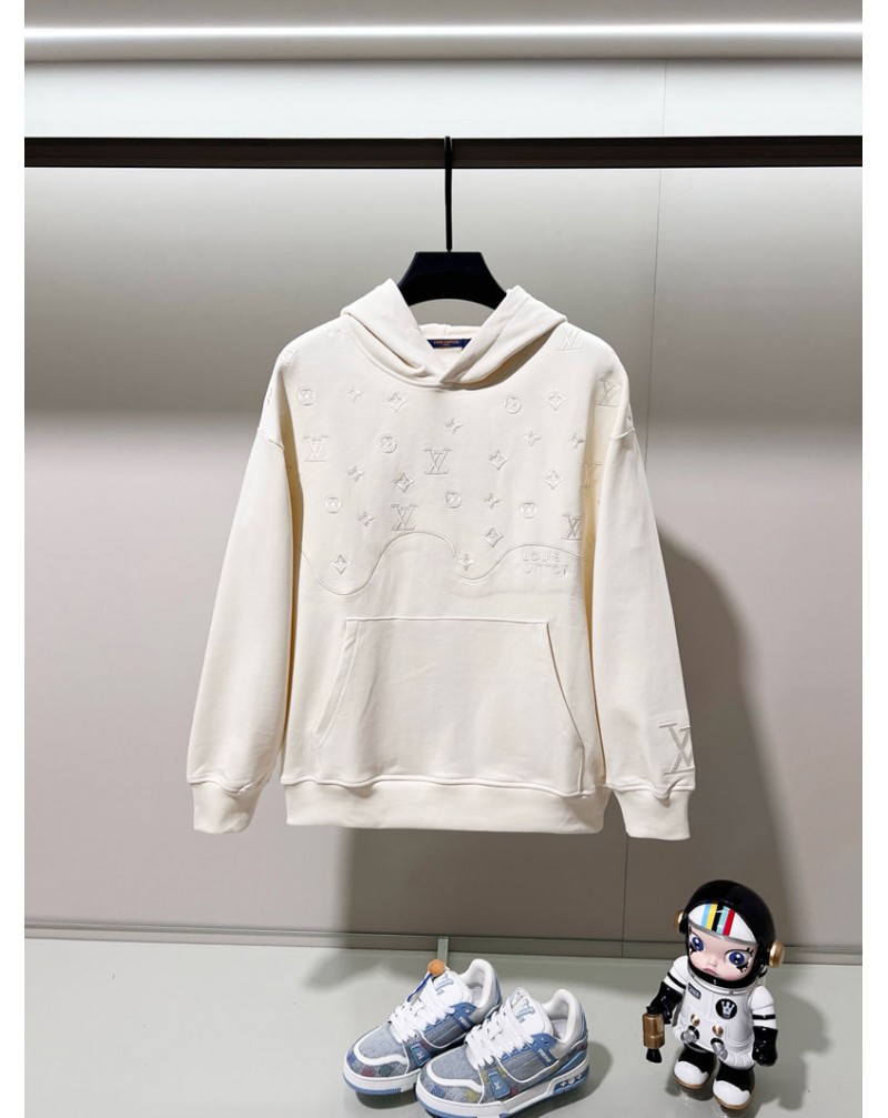 ルイヴィトン パーカーフード付きカジュアル精緻刺繍ロゴ高品質スウェットトップス黒グレーベージュ3色お揃い ルイヴィトン パーカーフード付きカジュアル精緻刺繍ロゴ高品質スウェットトップス黒グレーベージュ3色お揃い