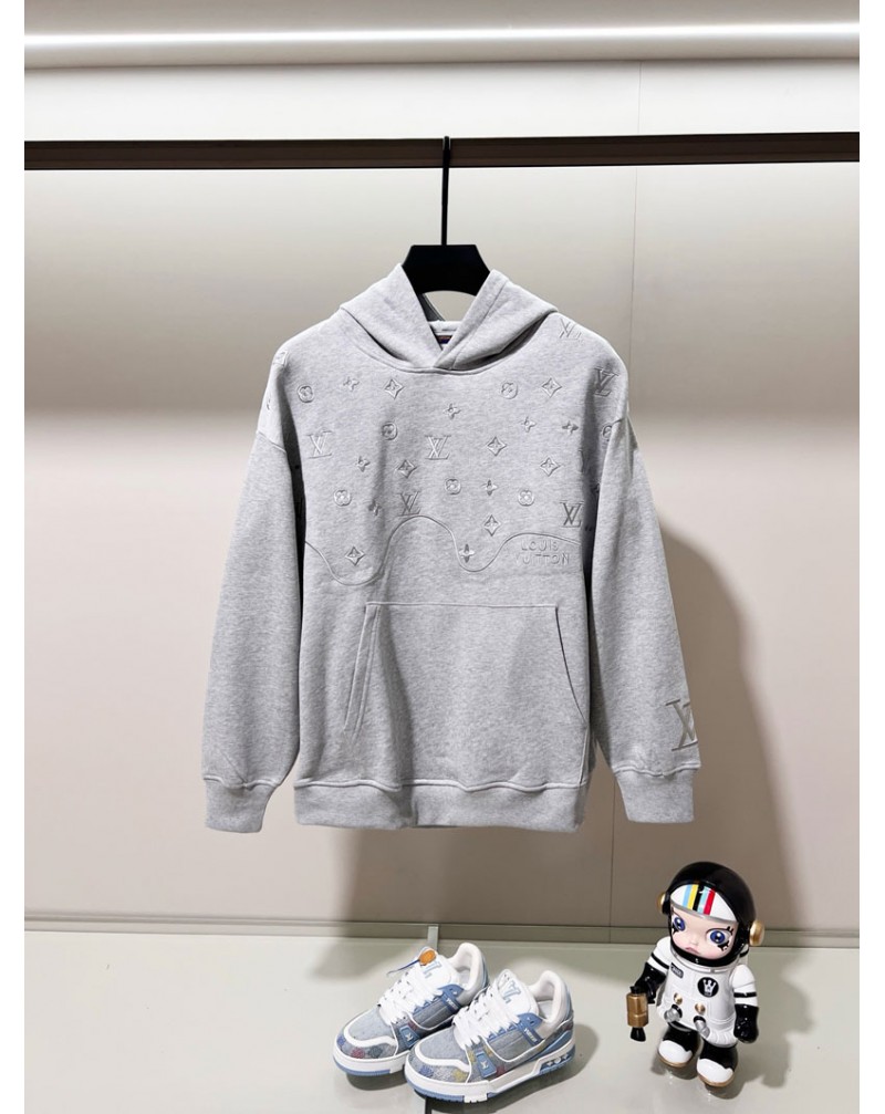 ルイヴィトン パーカーフード付きカジュアル精緻刺繍ロゴ高品質スウェットトップス黒グレーベージュ3色お揃い