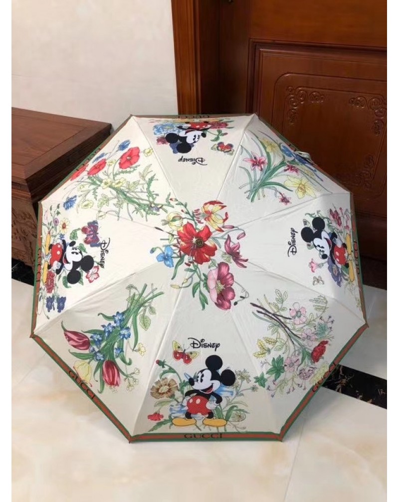 グッチ晴雨傘 可愛いミッキー付きオシャレ花柄傘 UVカット紫外線防止折畳み携帯便利 自動機能ワンタッチ