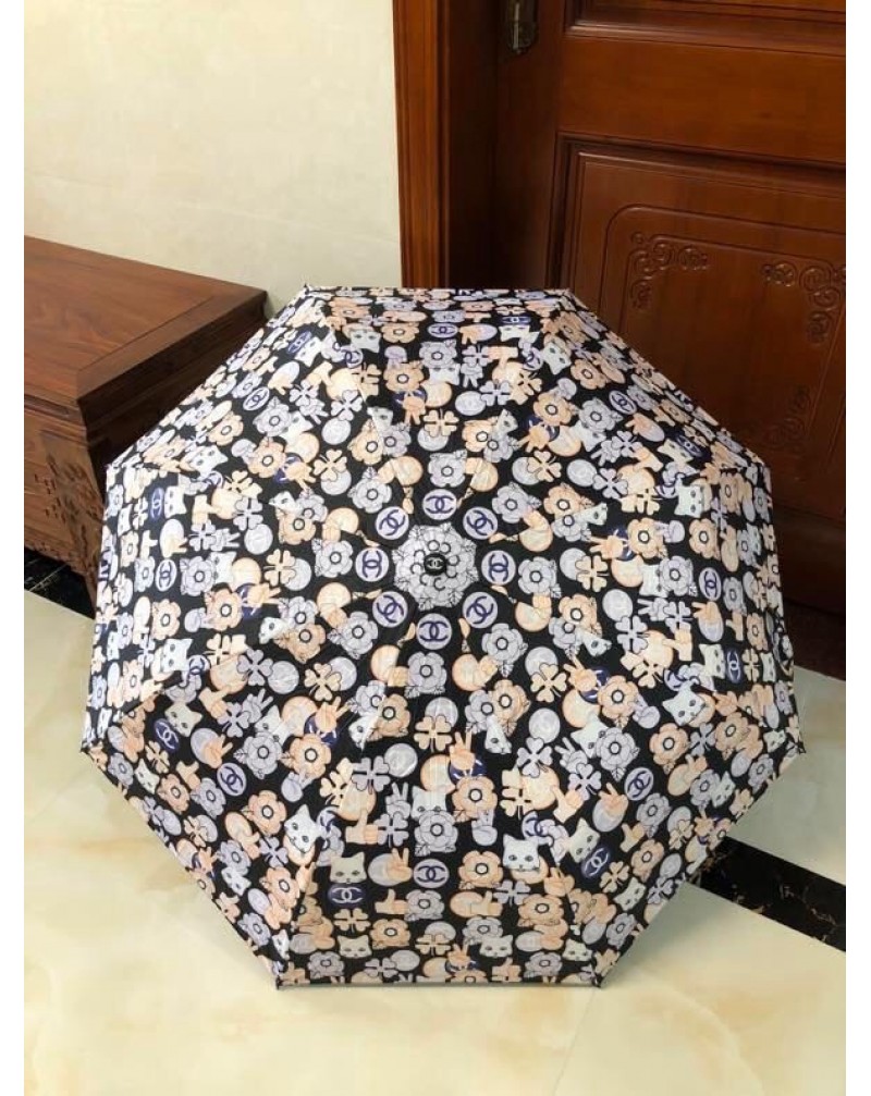 chanel 晴雨傘 オシャレ花柄 可愛い猫付き UVカット紫外線防止折畳み携帯便利 自動機能ワンタッチ小香風傘 女性人気