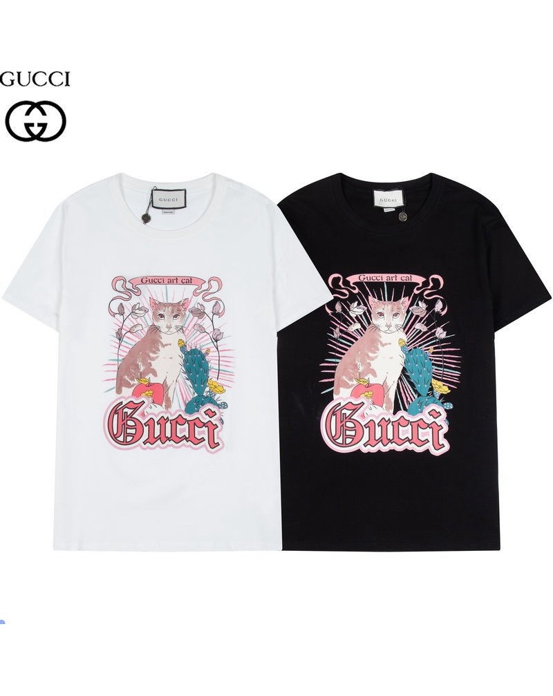 グッチ ｔシャツ 個性可愛い猫プリント付きおしゃれウェア上着トップス ファッションコットン製男女兼用