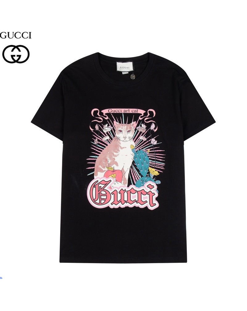 グッチ ｔシャツ 個性可愛い猫プリント付きおしゃれウェア上着トップス ファッションコットン製男女兼用