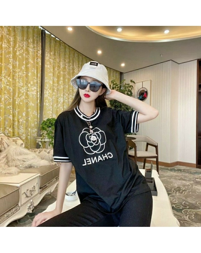 シャネル ｔシャツ半袖 おしゃれカメリア付き小香風ウェア上着 カジュアルファッション 女性人気