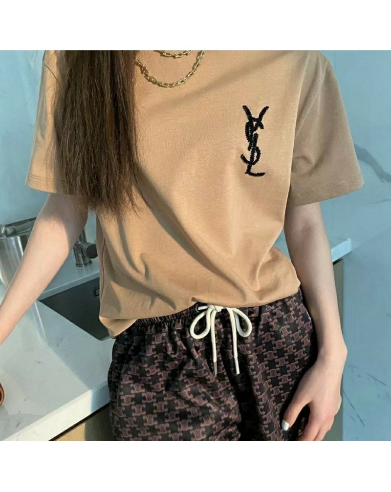 YSL tシャツ半袖カジュアルファッションサンローランティシャツウェアトップス珠子ロゴ付き