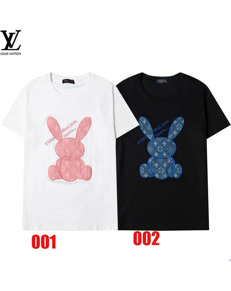 ルイヴィトンｔシャツ半袖お洒落可愛いウサギプリント付きトップスカジュアルファッションウェア上着ペアお揃い