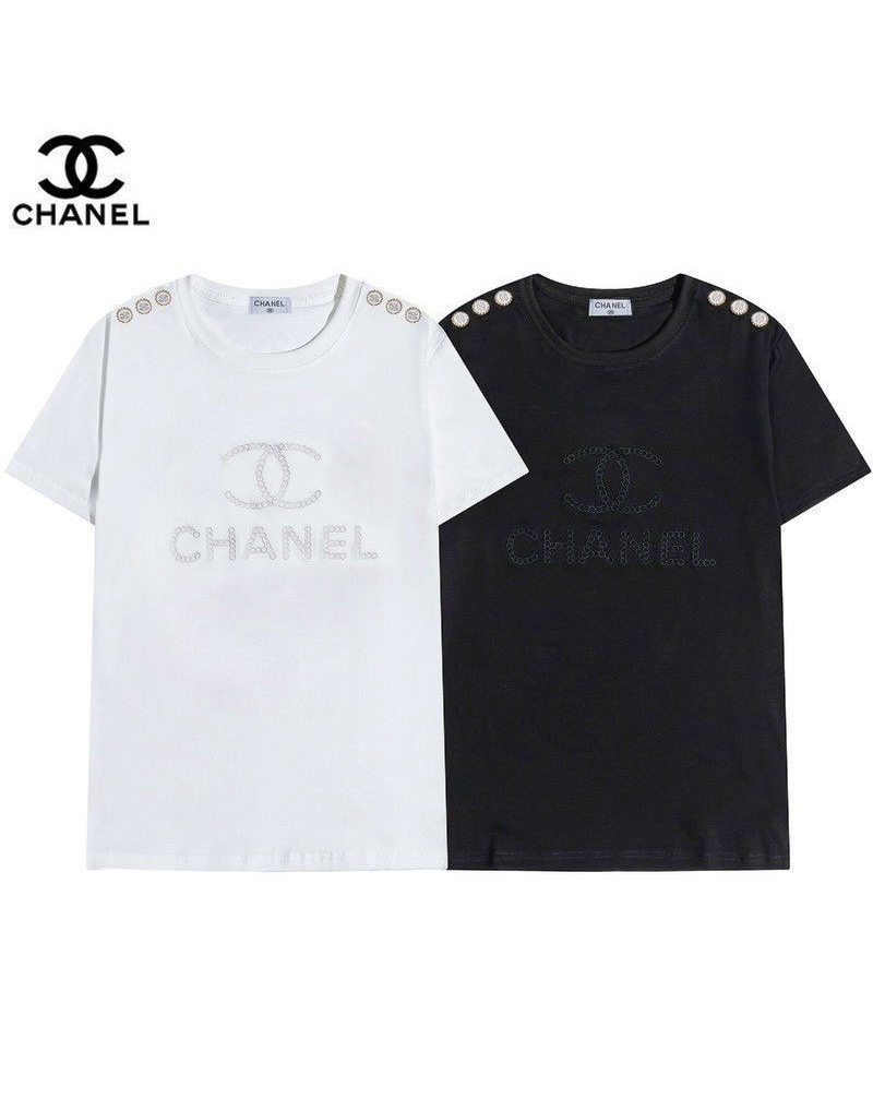 シャネル tシャツ半袖お洒落小香風ウェアトップスカジュアル刺繍ロゴボタン付きファッション高級丸首上着男女向け人気