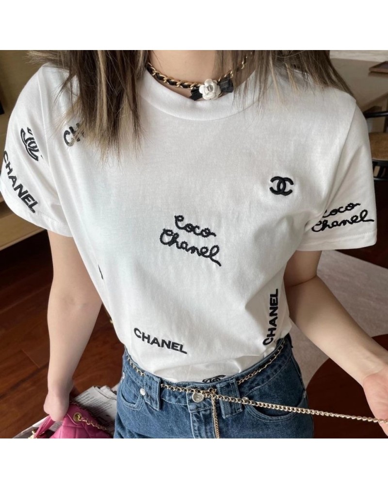 シャネルｔシャツ半袖お洒落個性上着刺繍ロゴ丸首ウェアトップス女子向け人気