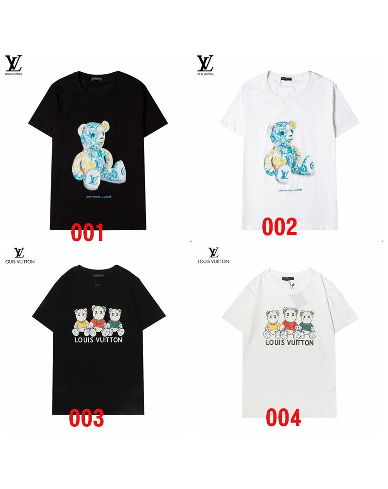 ヴィトンｔシャツ半袖個性くまちゃん付きお洒落ティシャツウェア上着コットン製ソフト通気性よいファッションカジュアル丸首トップス男女兼用